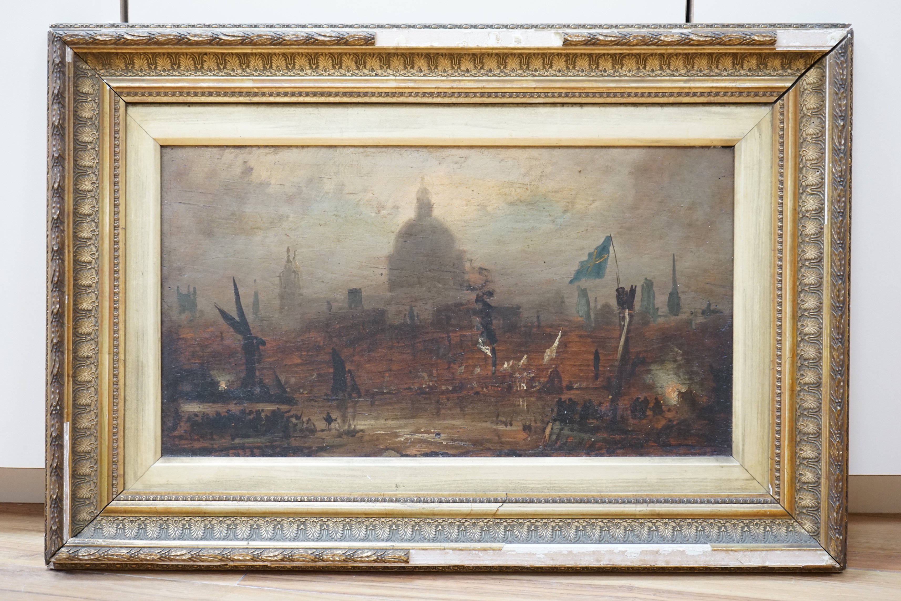 Late 19th/early 20th century English school, oil on board, St Paul's Cathedral, London, unsigned, 27 x 50cm